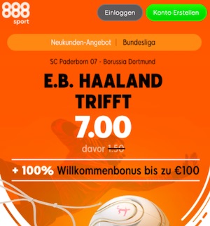 888sport Haaland trifft Quote 7.00