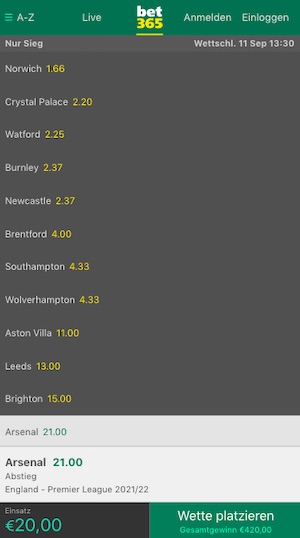 Bet365 Arsenal steigt ab Quote