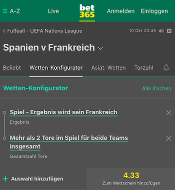 Bet365 Frankreich Sieg und Over 