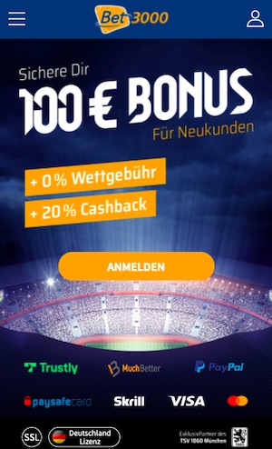 100€ Willkommensbonus Bet3000