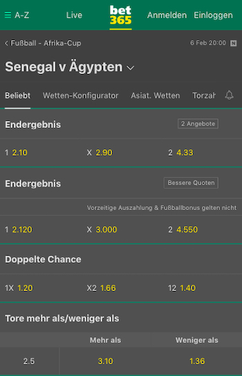 bet365 quoten senegal aegypten