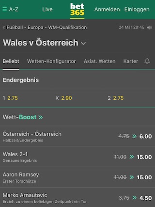 Wales gegen Österreich Wettquoten Bet365