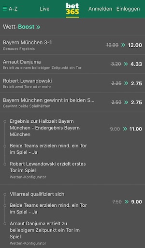 Bet365 Quotenboosts Bayern vs Villarreal