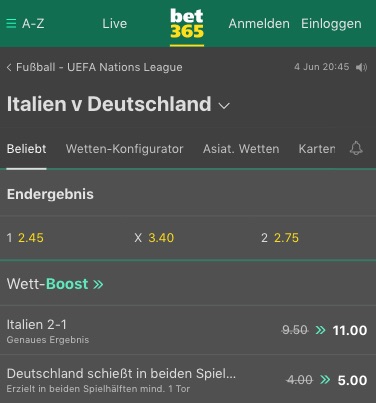 Italien vs Deutschland Quotenboosts bei bet365