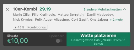 10er Wettschein bet365 Tennis