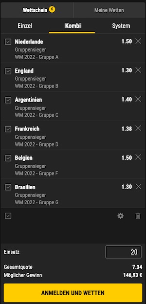 WM Wetten auf Gruppensieger bei bwin