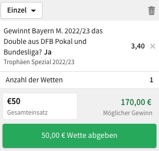 Bayern Double Sieger Quote bei Tipico