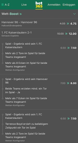 Erhöhte Quoten zu Kaiserslautern vs Hannover bei bet365