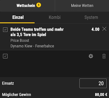 Bwin Dynamo Kiew vs Fenerbahce Price Boost