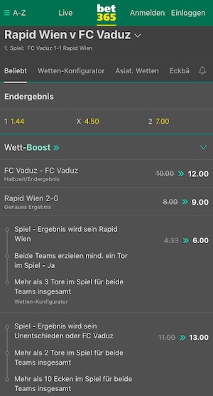Rapid vs Vaduz Wettquoten bei bet365