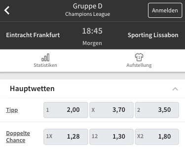 Eintracht Frankfurt vs Sporting Lissabon Quoten bei Tipico