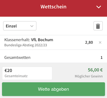 Mit diesem Wettschein könntet ihr auf den Klassenerhalt des VfL Bochum tippen.