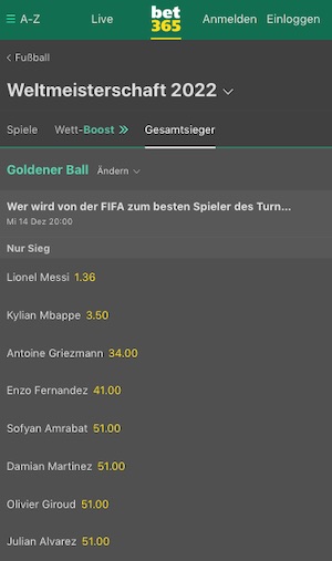 Bester WM Spieler Quoten bet365