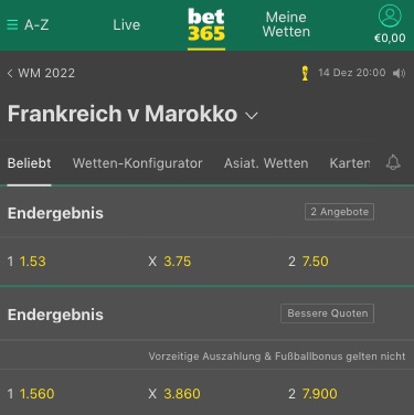 Frankreich vs Marokko Quoten bet365